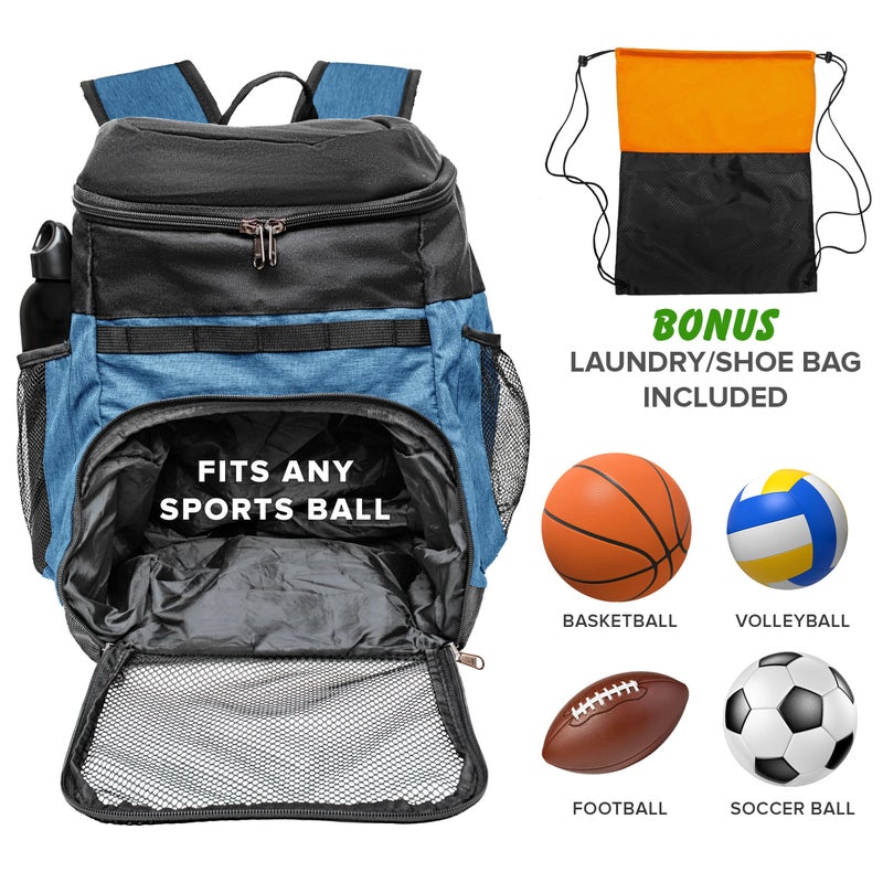 Xelfly Basketball Backpack with Ball Compartment â€“ Sports Equipment Bag for Soccer Ball, Volleyball, Gym, Outdoor, Travel, Team â€“ 2 Bottle Pockets, Includes Laundry or Shoe Bag â€“ 25L (Blue) - Image 3